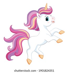 Cute cartoon unicorn with pink mane. Vector isolated illustration. For postcard, posters, nursery design, greeting card,stickers,room decor, party, nursery t-shirt, kids apparel, invitation