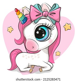 Cute Cartoon Unicorn with a pink mane and bow on a pink heart background