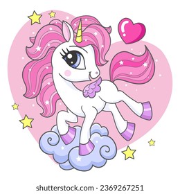 Cute cartoon unicorn with a pink mane on a cloud. Theme of magic and sorcery. For children's design of prints, posters, cards, stickers, puzzles, etc. Vector illustration