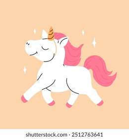 Lindo unicornio de dibujos animados con una melena rosa. Tema de magia y hechicería. Para el diseño de los niños de impresiones, carteles, tarjetas, pegatinas, rompecabezas, etc. Ilustración vectorial