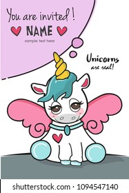 Cute Cartoon  Unicorn with pink wings / Unicorns are real