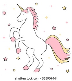 bonito unicórnio dos desenhos animados com ilustração vetorial rosa e amarelo estrelas
