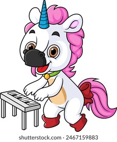 Lindo unicornio de dibujos animados tocando teclado música piano de ilustración