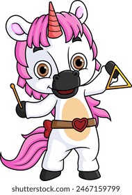 Cute cartoon unicorn playing a triangle bell of illustration