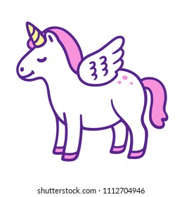 Cute cartoon unicorn pony. Funny chubby little horse with horn and wings. Pink girly design, vector illustration.