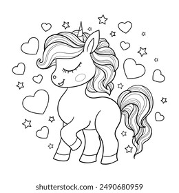 Cute cartoon unicorn pony with hearts. Black and white linear drawing. Isolated on a white background. For children's design of coloring books, prints, posters, cards, stickers, etc. Vector illustrati