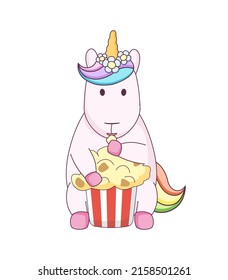 Cute cartoon unicorn with popcorn