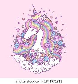 Cute cartoon unicorn princess with rainbow mane. Child's drawing. For design prints. poster, in, postcards, stickers, tattoo. Vector