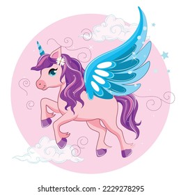 Cute Cartoon Unicorn with a purple mane and bow on a color background. Cute Cartoon unicorn with gold horn for design prints, posters and cards. Cute Unicorn for kids cloths design.