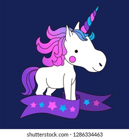 Cute cartoon Unicorn with purple ribbon on a blue background. It can be used for sticker, badge, card, patch, phone case, poster, t-shirt, mug etc.