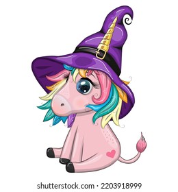 Cute cartoon unicorn in purple witch hat, with pumpkins, potion or broom, Halloween holiday character, banner