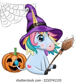Cute cartoon unicorn in purple witch hat, with pumpkins, potion or broom, Halloween holiday character, banner