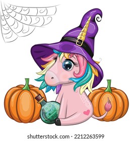 Cute cartoon unicorn in purple witch hat, with pumpkins, potion or broom, Halloween holiday character, banner