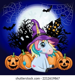 Cute cartoon unicorn in purple witch hat, with pumpkins, potion or broom, Halloween holiday character, banner