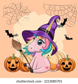 Cute cartoon unicorn in purple witch hat, with pumpkins, potion or broom, Halloween holiday character, banner