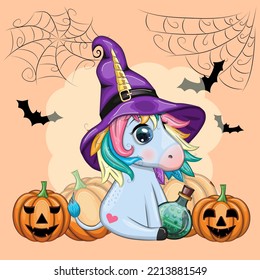 Cute cartoon unicorn in purple witch hat, with pumpkins, potion or broom, Halloween holiday character, banner