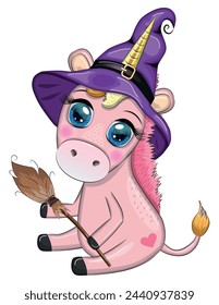 Cute cartoon unicorn in purple witch hat, with pumpkins, potion or broom, Halloween holiday character, banner
