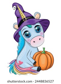 Cute cartoon unicorn in purple witch hat, with pumpkins, potion or broom, Halloween holiday character, banner