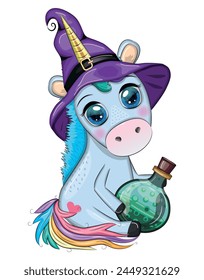 Cute cartoon unicorn in purple witch hat, with pumpkins, potion or broom, Halloween holiday character, banner