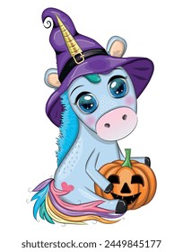 Cute cartoon unicorn in purple witch hat, with pumpkins, potion or broom, Halloween holiday character, banner