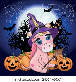 Cute cartoon unicorn in purple witch hat, with pumpkins, potion or broom, Halloween holiday character, banner