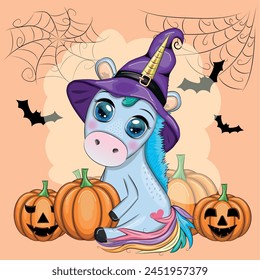 Cute cartoon unicorn in purple witch hat, with pumpkins, potion or broom, Halloween holiday character, banner