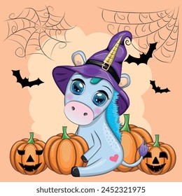 Cute cartoon unicorn in purple witch hat, with pumpkins, potion or broom, Halloween holiday character, banner