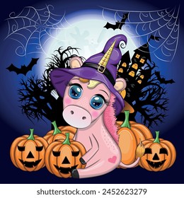 Cute cartoon unicorn in purple witch hat, with pumpkins, potion or broom, Halloween holiday character, banner