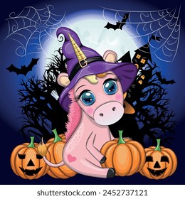 Cute cartoon unicorn in purple witch hat, with pumpkins, potion or broom, Halloween holiday character, banner