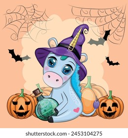 Cute cartoon unicorn in purple witch hat, with pumpkins, potion or broom, Halloween holiday character, banner