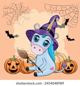 Cute cartoon unicorn in purple witch hat, with pumpkins, potion or broom, Halloween holiday character, banner