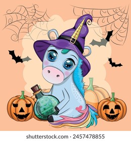 Cute cartoon unicorn in purple witch hat, with pumpkins, potion or broom, Halloween holiday character, banner