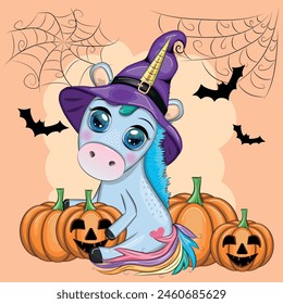 Cute cartoon unicorn in purple witch hat, with pumpkins, potion or broom, Halloween holiday character, banner