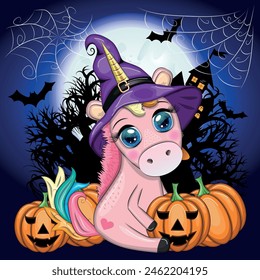 Cute cartoon unicorn in purple witch hat, with pumpkins, potion or broom, Halloween holiday character, banner