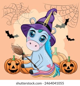Cute cartoon unicorn in purple witch hat, with pumpkins, potion or broom, Halloween holiday character, banner