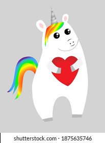Cute cartoon unicorn with rainbow bangs and heart, simple vector illustration
