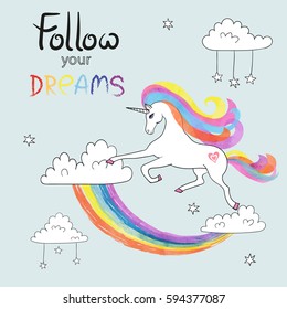 Cute cartoon unicorn with rainbow and clouds. Magic illustration. 