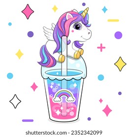 Cute cartoon unicorn and rainbow drink. Vector illustration of a cup with colorful water and with animal on it on a white background with stars and dots.