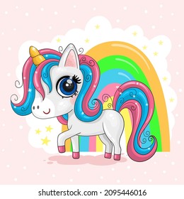 Cute Cartoon Unicorn with a rainbow isolated on a color background. Good for greeting cards, invitations, decoration, Print for Baby Shower etc.
