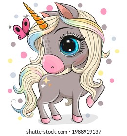 Cute Cartoon Unicorn with a rainbow mane isolated on a white background