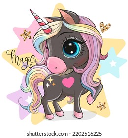 Cute Cartoon Unicorn with a rainbow mane on a stars background