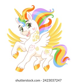 Cute cartoon unicorn with rainbow mane and tail isolated on a white background. Unicorn character. Color vector illustration for print, design, stickers, decorations, kids clothes, souvenirs