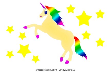 Un lindo unicornio de dibujos animados con melena de arco iris y estrellas. Aislado sobre un fondo blanco.