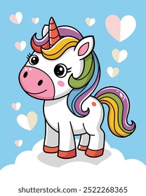 Un lindo unicornio de dibujos animados con una Ilustración vectorial de melena de arco iris