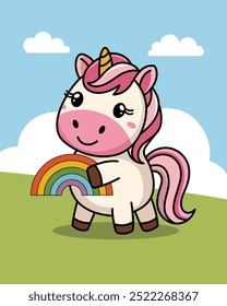 Un lindo unicornio de dibujos animados con una Ilustración vectorial de melena de arco iris