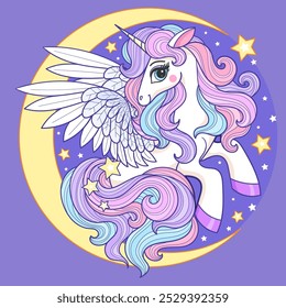 Um belo unicórnio de desenho animado com juba de arco-íris fica na lua entre as estrelas. Tema de magia e feitiçaria. Para design infantil de impressões, cartazes, cartões, adesivos, quebra-cabeças, etc. Ilustração vetorial