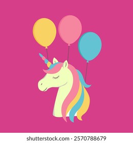 Cute cartoon unicorn with rainbow mane and balloons