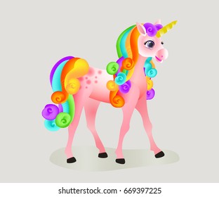 Cute cartoon unicorn with a rainbow mane and a tail. Isolated image. Vector illustration