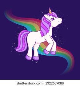 Cute Cartoon Unicorn with rainbow on background. Vector illustration

