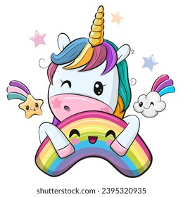 Cute Cartoon Unicorn with rainbow on a white background